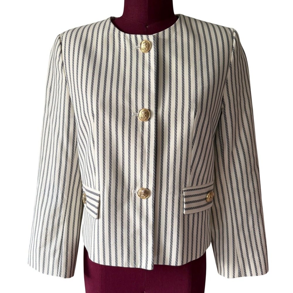 Zara Blazer Cropped Striped Gold Button Nautical Cream Navy Medium - Picture 2 of 9